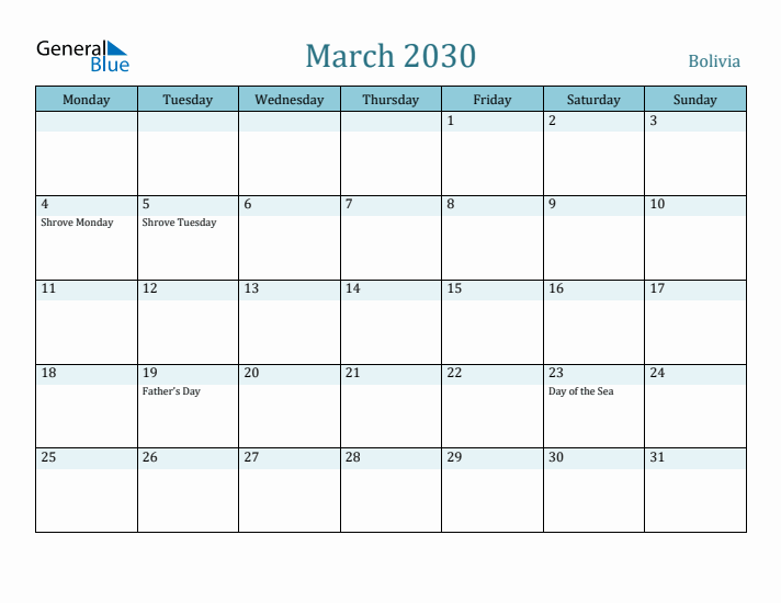 March 2030 Calendar with Holidays