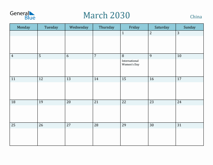 March 2030 Calendar with Holidays