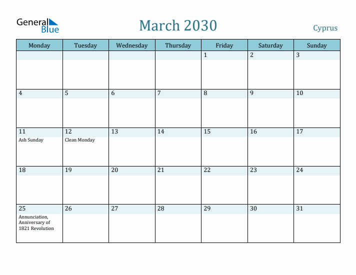 March 2030 Calendar with Holidays