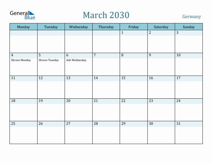 March 2030 Calendar with Holidays