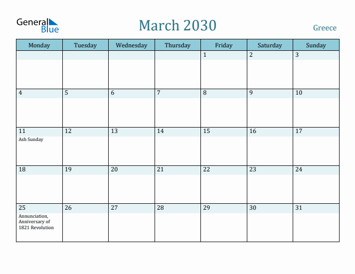 March 2030 Calendar with Holidays