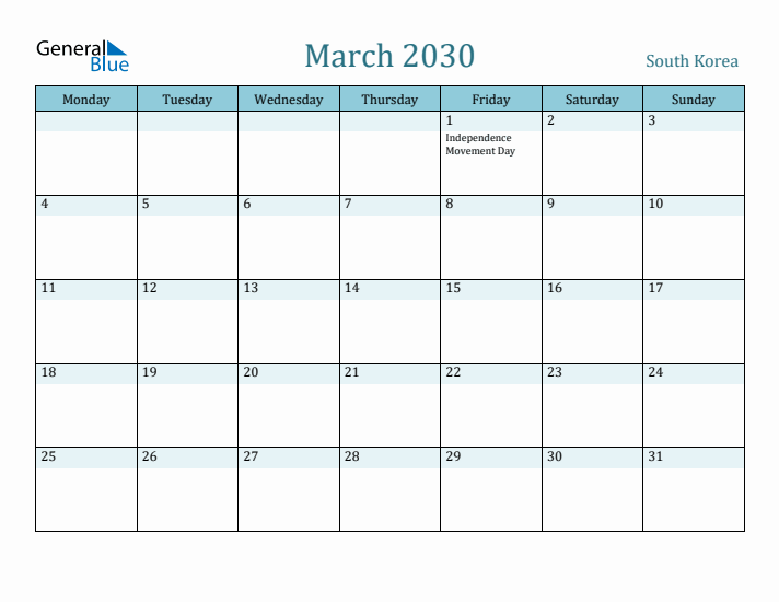 March 2030 Calendar with Holidays