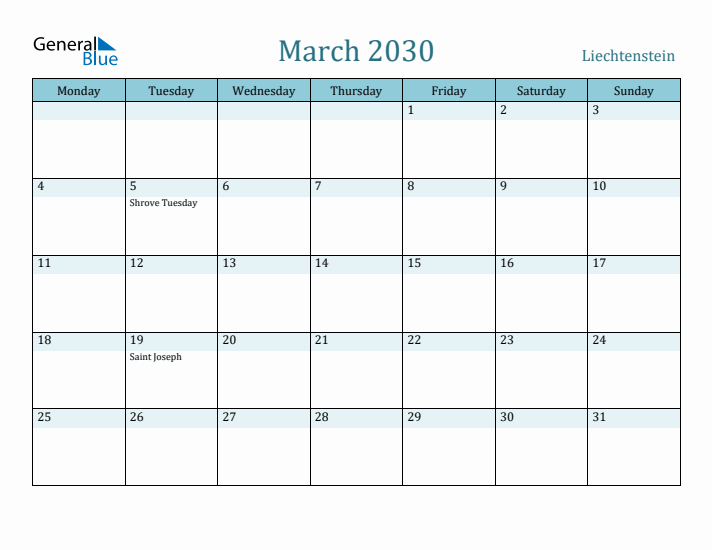 March 2030 Calendar with Holidays