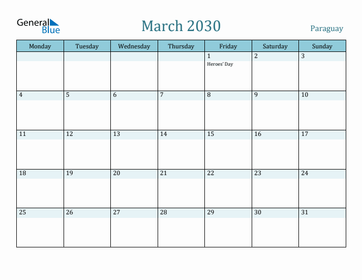 March 2030 Calendar with Holidays