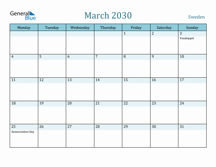 March 2030 Calendar with Holidays