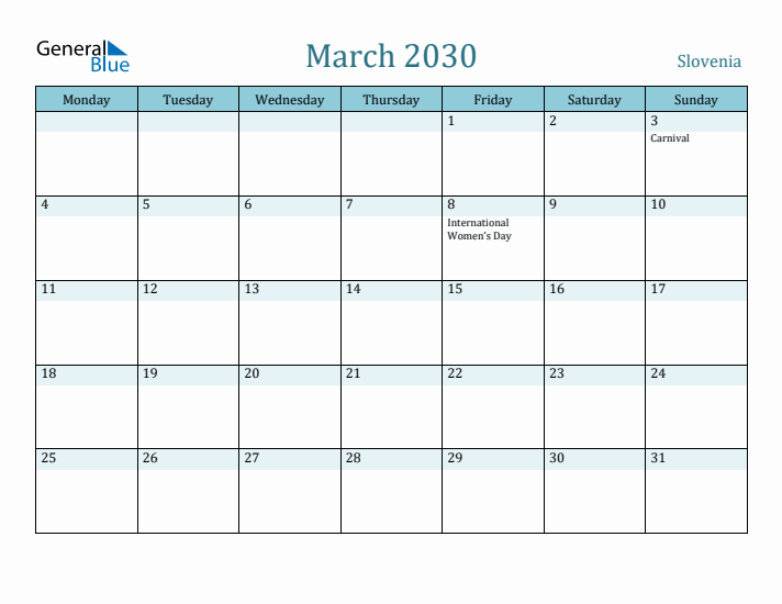 March 2030 Calendar with Holidays