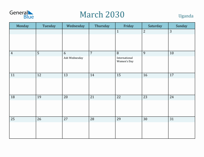 March 2030 Calendar with Holidays