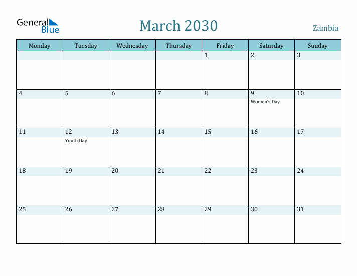 March 2030 Calendar with Holidays