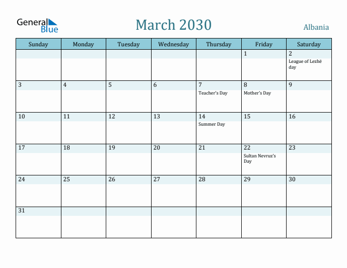 March 2030 Calendar with Holidays