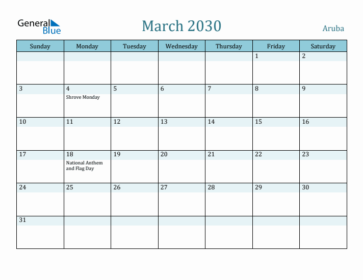 March 2030 Calendar with Holidays