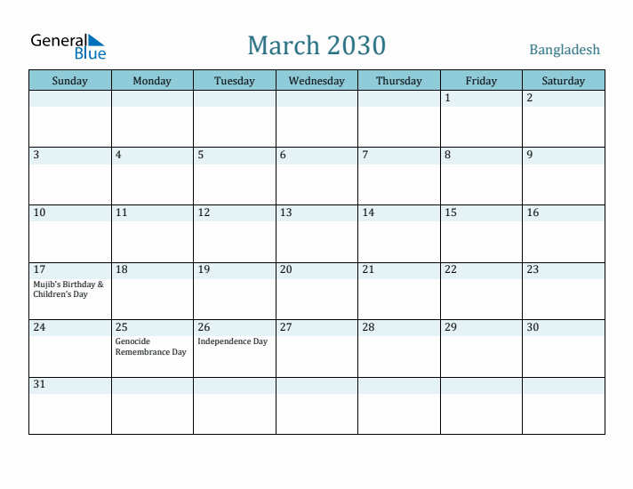 March 2030 Calendar with Holidays