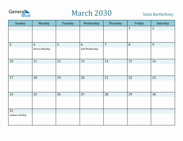 March 2030 Calendar with Holidays