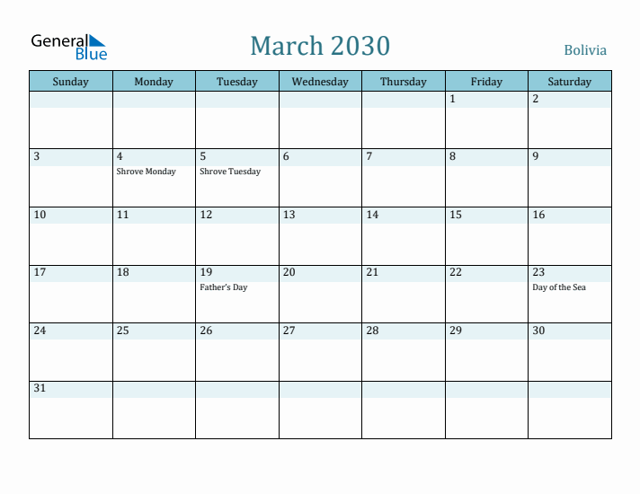 March 2030 Calendar with Holidays