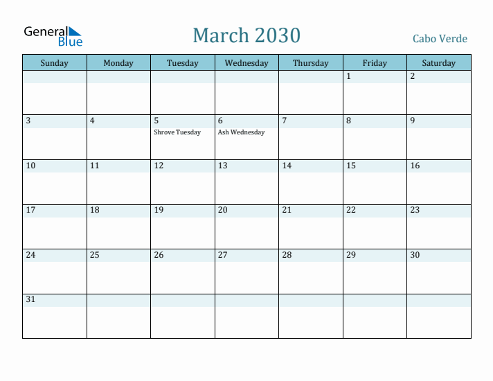 March 2030 Calendar with Holidays