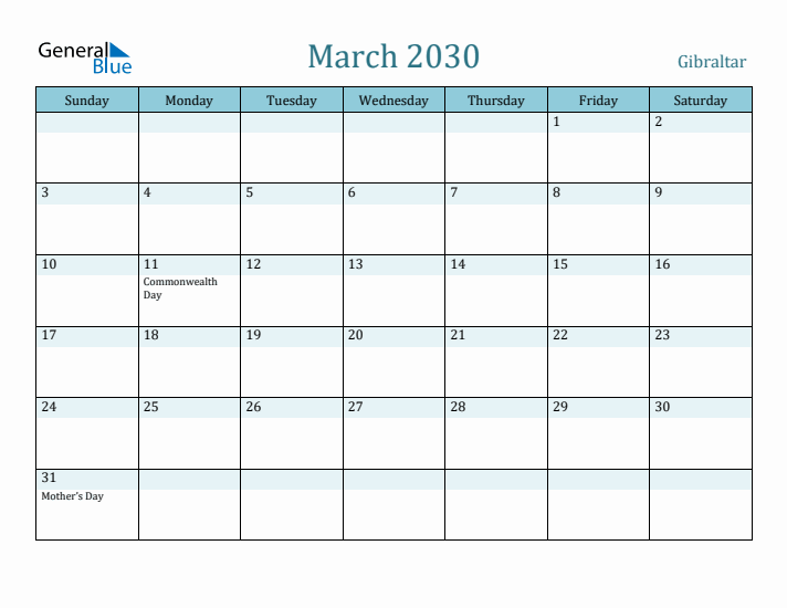 March 2030 Calendar with Holidays