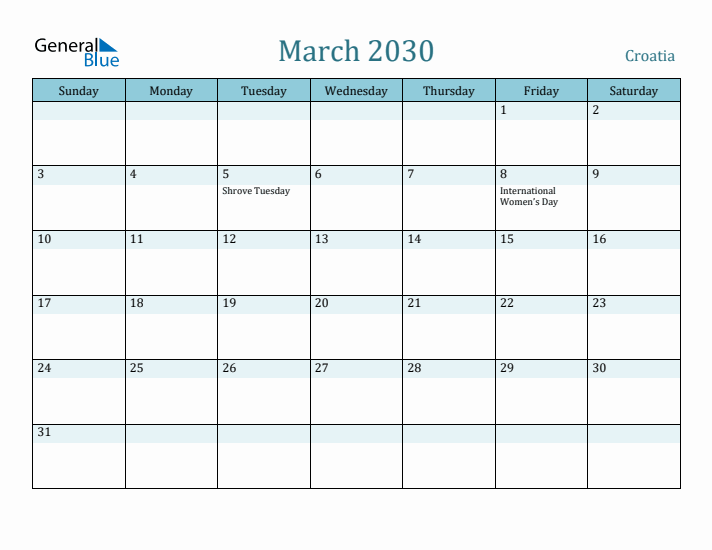 March 2030 Calendar with Holidays