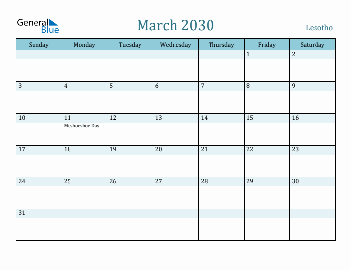 March 2030 Calendar with Holidays