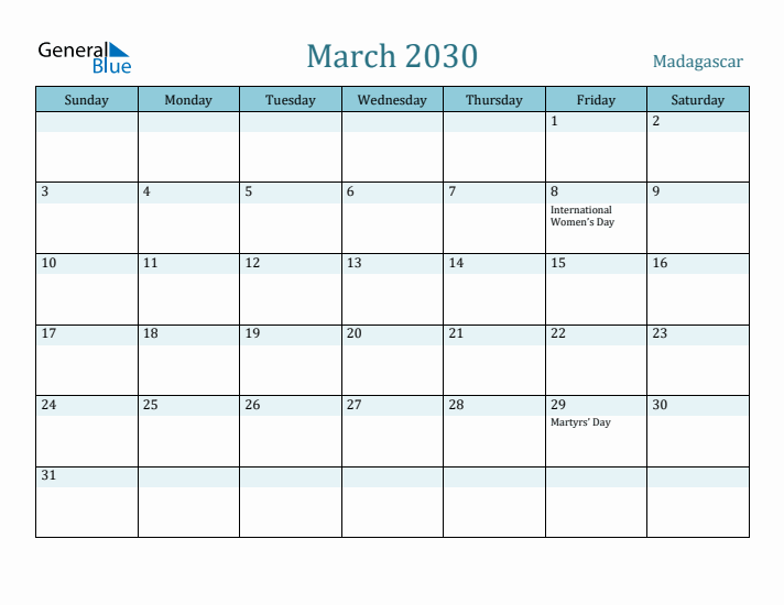 March 2030 Calendar with Holidays