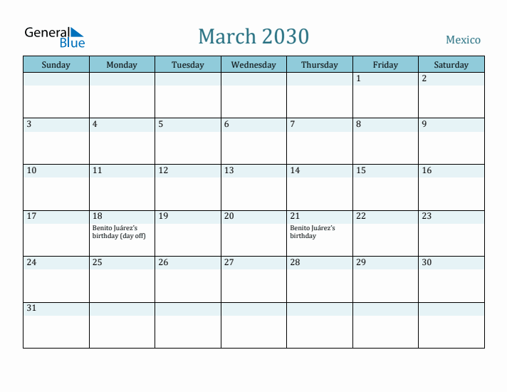 March 2030 Calendar with Holidays