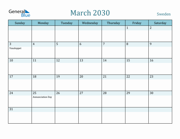 March 2030 Calendar with Holidays