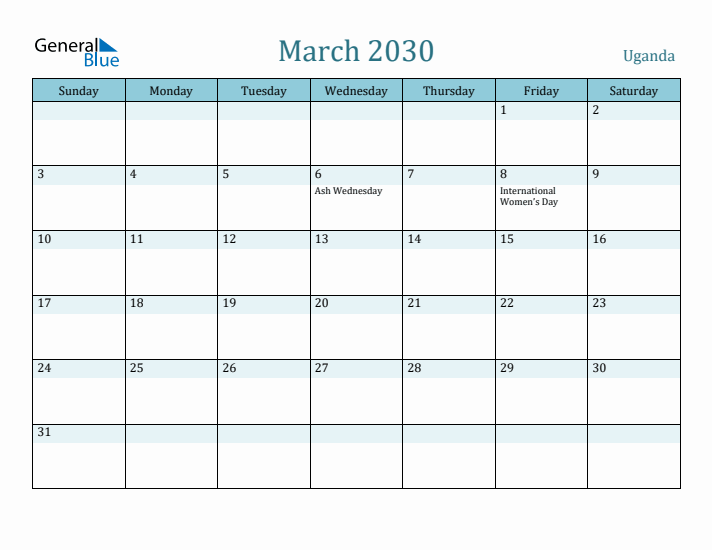 March 2030 Calendar with Holidays