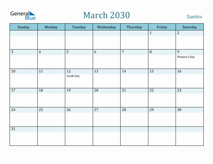 March 2030 Calendar with Holidays