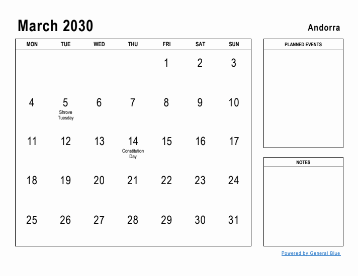 March 2030 Printable Monthly Calendar with Andorra Holidays