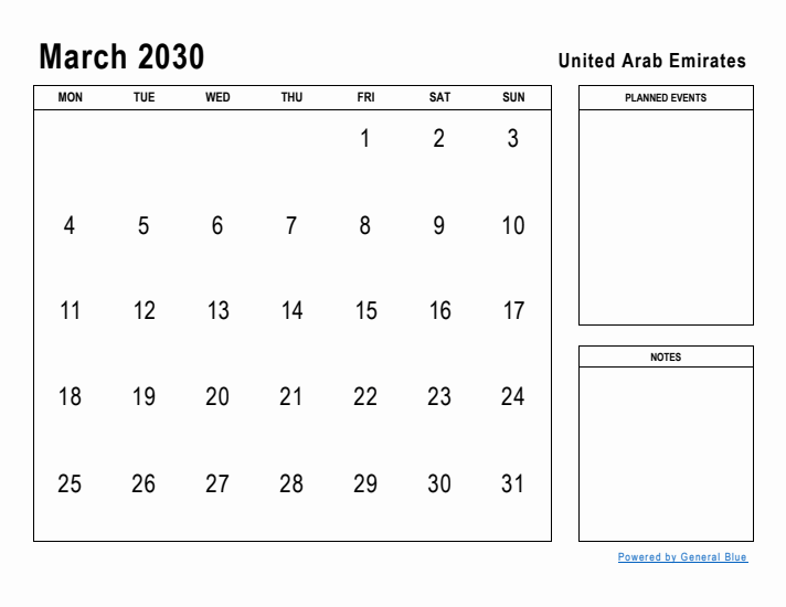 March 2030 Printable Monthly Calendar with United Arab Emirates Holidays