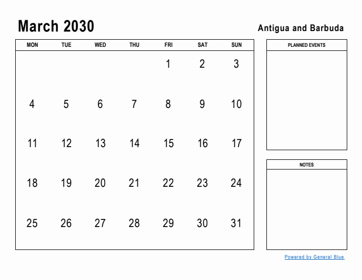 March 2030 Printable Monthly Calendar with Antigua and Barbuda Holidays