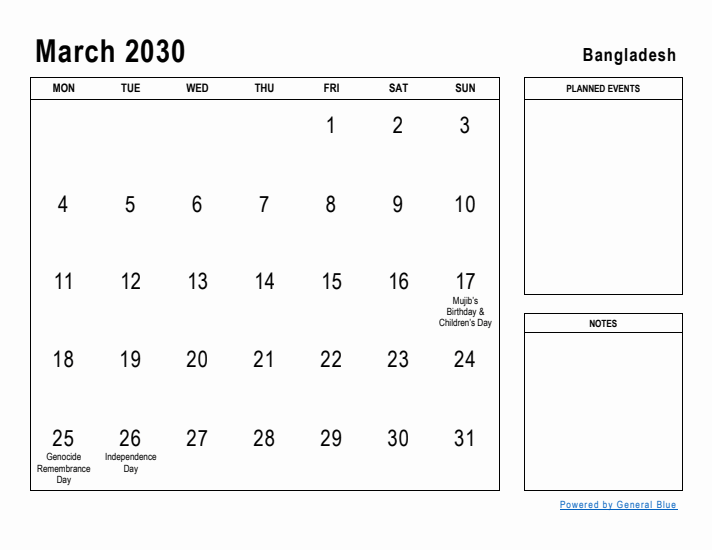 March 2030 Printable Monthly Calendar with Bangladesh Holidays