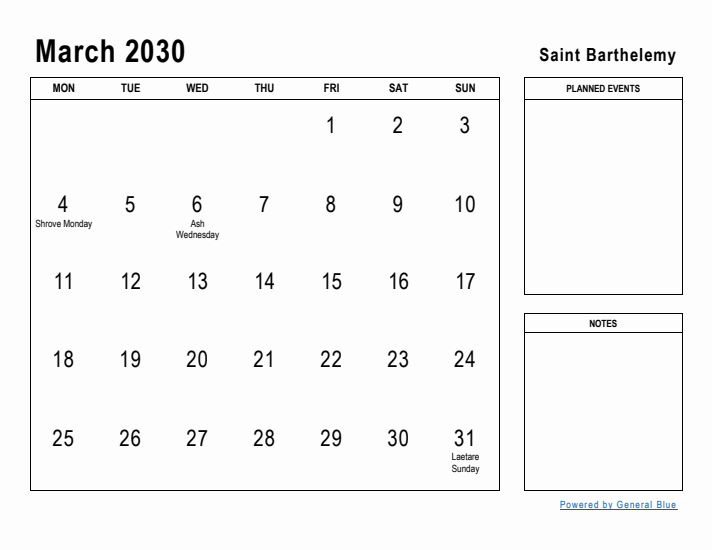 March 2030 Printable Monthly Calendar with Saint Barthelemy Holidays