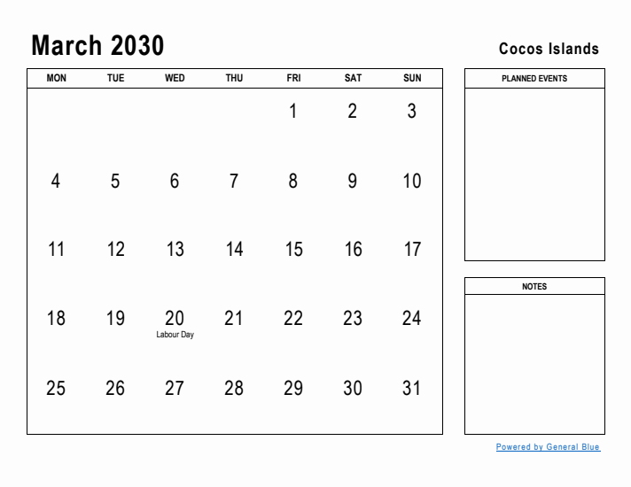 March 2030 Printable Monthly Calendar with Cocos Islands Holidays