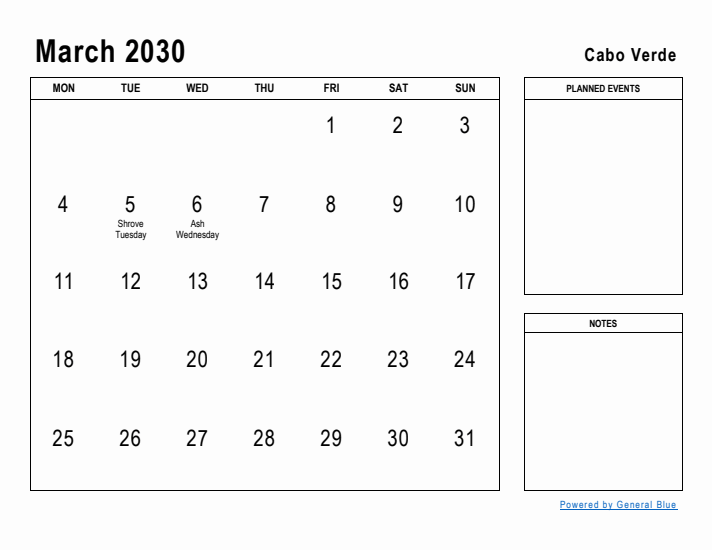 March 2030 Printable Monthly Calendar with Cabo Verde Holidays