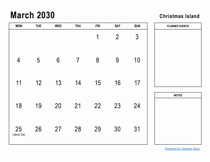 March 2030 Printable Monthly Calendar with Christmas Island Holidays