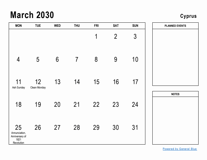 March 2030 Printable Monthly Calendar with Cyprus Holidays