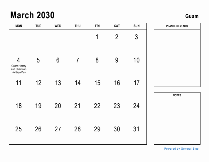 March 2030 Printable Monthly Calendar with Guam Holidays