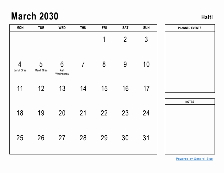 March 2030 Printable Monthly Calendar with Haiti Holidays