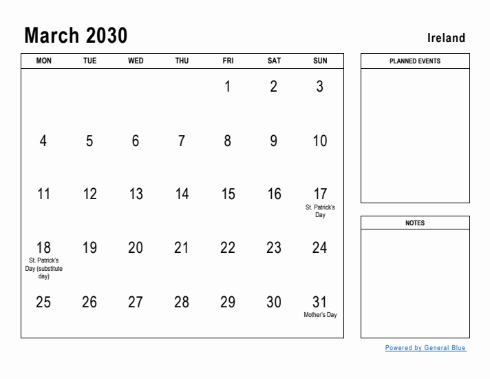 March 2030 Printable Monthly Calendar with Ireland Holidays