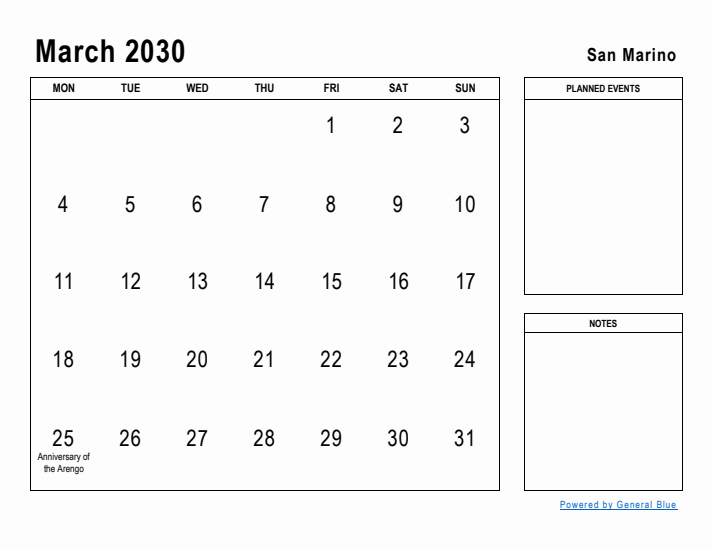 March 2030 Printable Monthly Calendar with San Marino Holidays