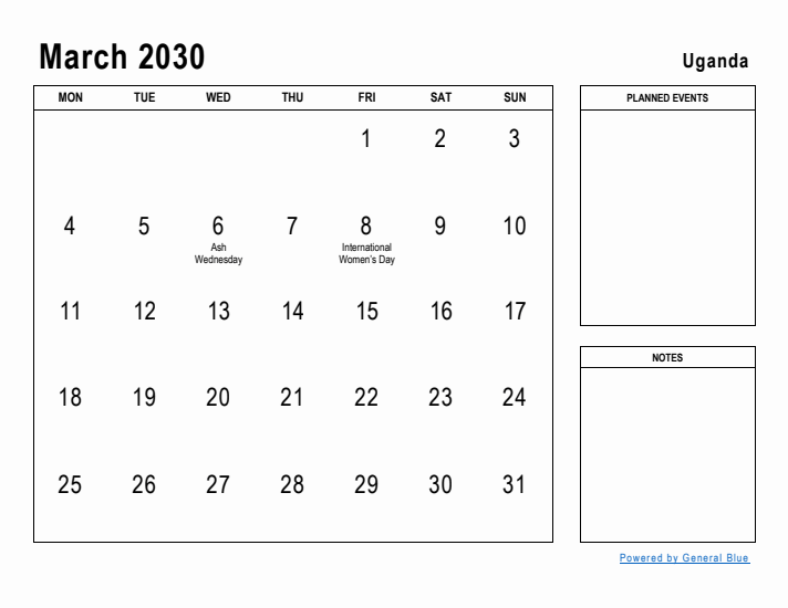 March 2030 Printable Monthly Calendar with Uganda Holidays