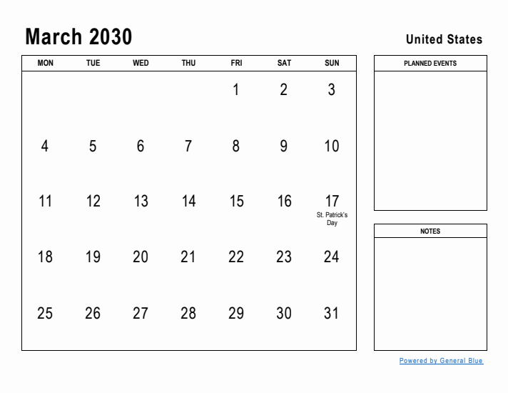 March 2030 Printable Monthly Calendar with United States Holidays