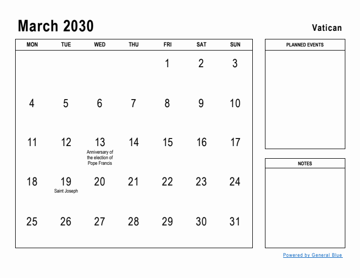 March 2030 Printable Monthly Calendar with Vatican Holidays