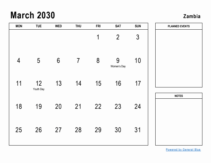 March 2030 Printable Monthly Calendar with Zambia Holidays