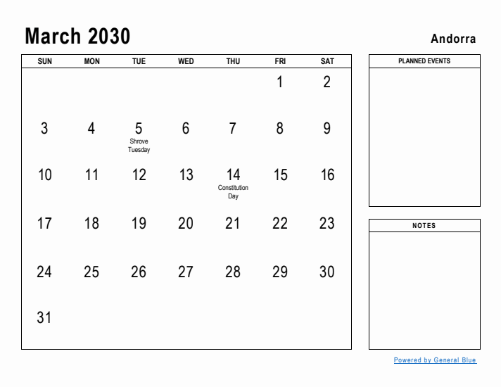 March 2030 Printable Monthly Calendar with Andorra Holidays