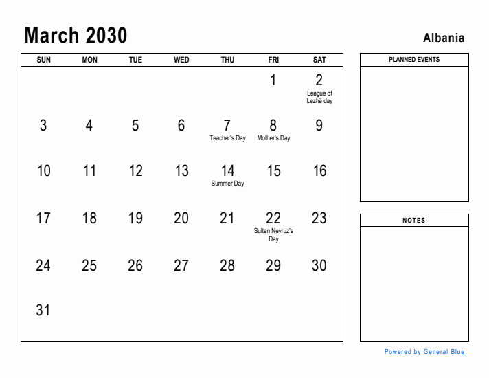 March 2030 Printable Monthly Calendar with Albania Holidays