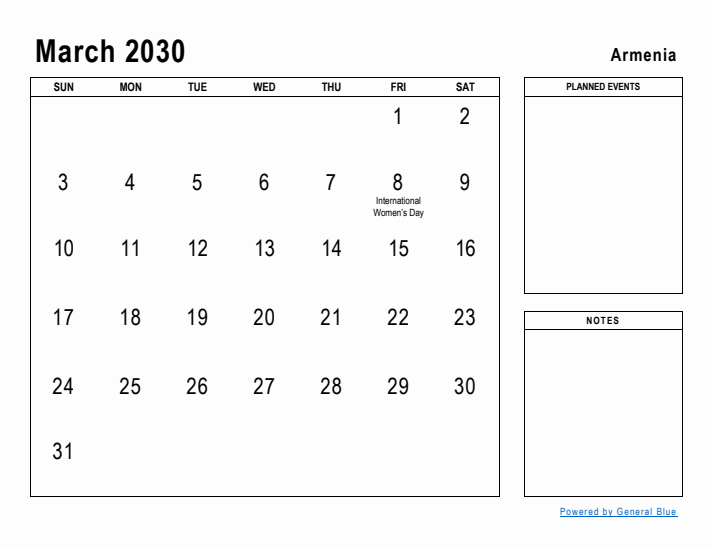 March 2030 Printable Monthly Calendar with Armenia Holidays