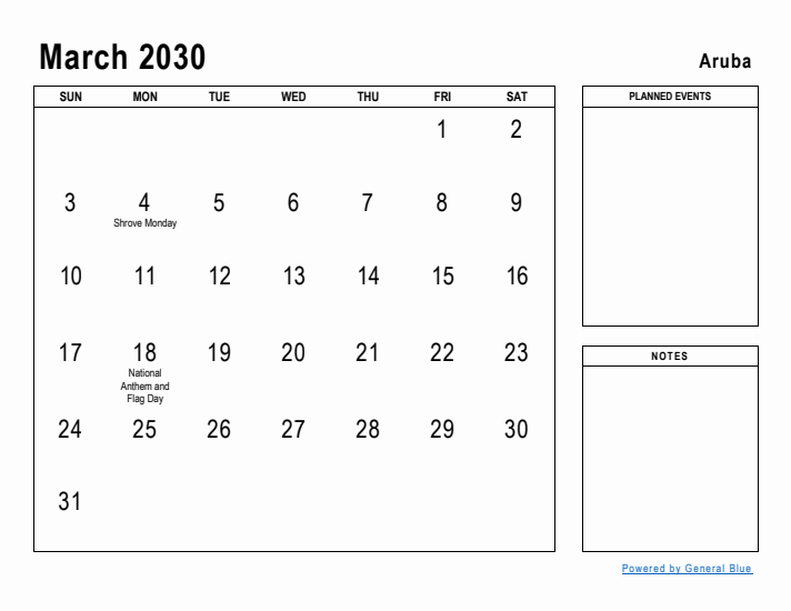 March 2030 Printable Monthly Calendar with Aruba Holidays