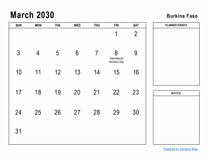 March 2030 Printable Monthly Calendar with Burkina Faso Holidays