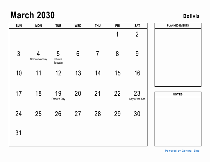 March 2030 Printable Monthly Calendar with Bolivia Holidays