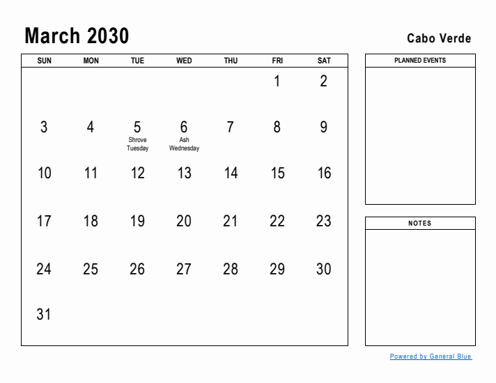 March 2030 Printable Monthly Calendar with Cabo Verde Holidays